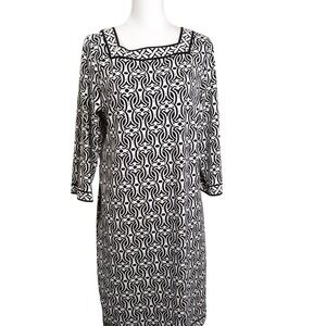 Talbots Black & White Geometric Print Dress Women's Size L Knee Length 3/4 Sleev